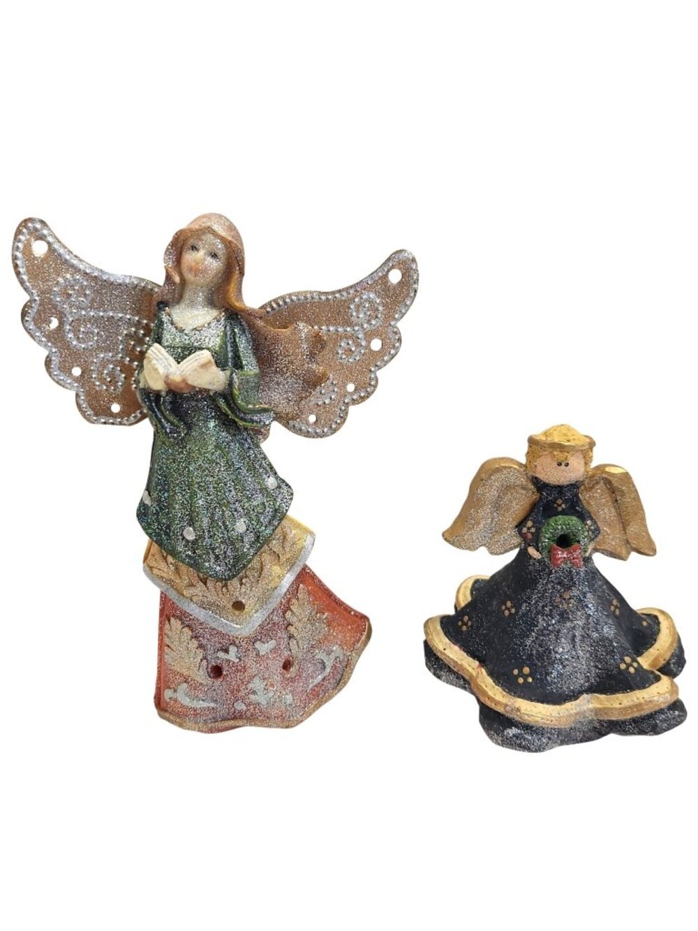 Set of 2 Glitter Angel Figurines Green Red Book and Blue Gold Wreath Decor